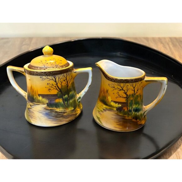 Vintage Japan Hand Painted Landscape Scene Superfine China Covered Sugar and Cre - Picture 1 of 12